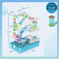 HKM-9015869 Six-Tier Dwarf Hamster Cage with Tubes, Tunnels, Hut, Wheel, Food Dish, Water Bottle, and Ramps - Light Blue