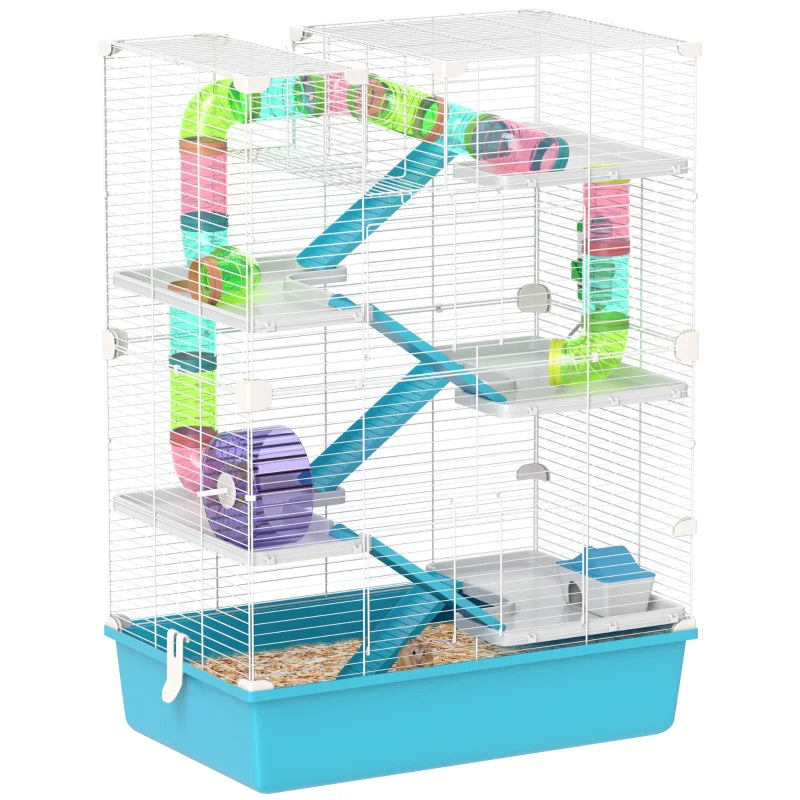 HKM-9015869 Six-Tier Dwarf Hamster Cage with Tubes, Tunnels, Hut, Wheel, Food Dish, Water Bottle, and Ramps - Light Blue
