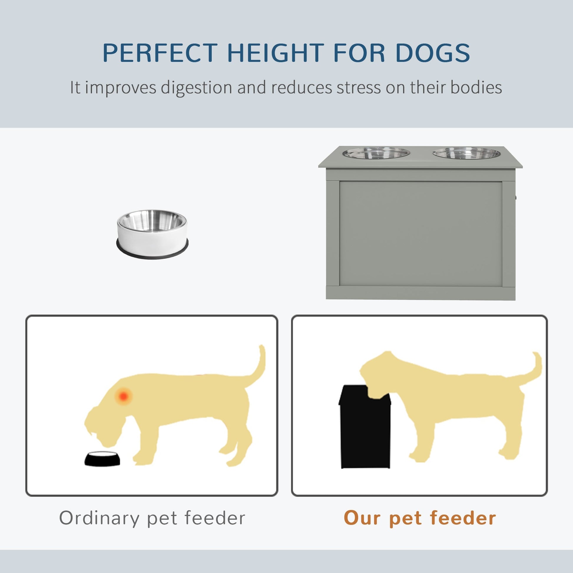 HKM-9023933 Gray Raised Pet Feeding Station with 2 Stainless Steel Bowls and Hidden Storage for Large Dogs