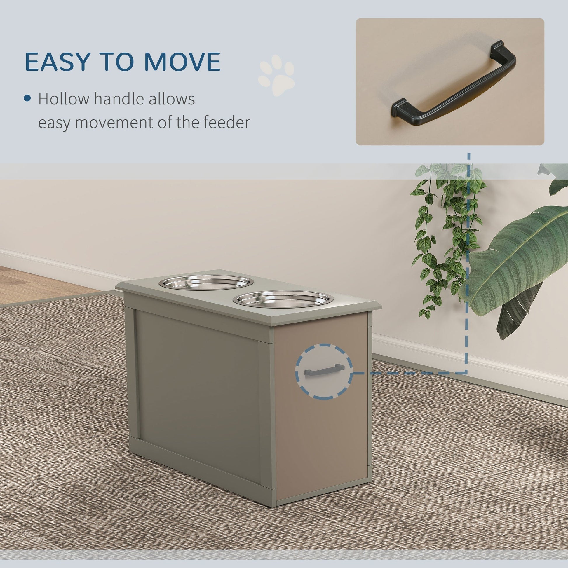 HKM-9023933 Gray Raised Pet Feeding Station with 2 Stainless Steel Bowls and Hidden Storage for Large Dogs