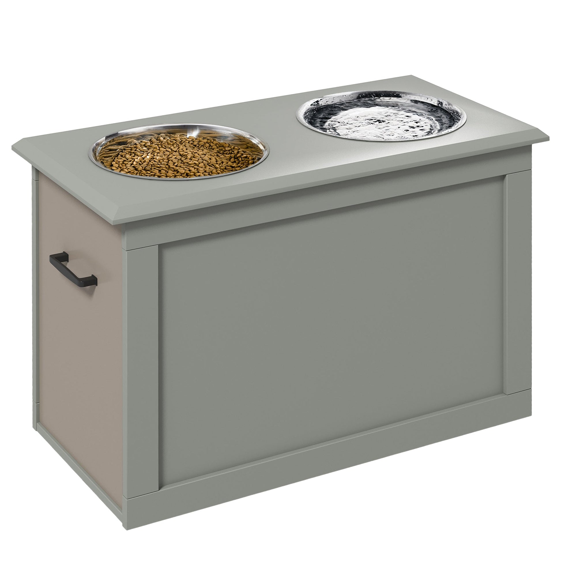 HKM-9023933 Gray Raised Pet Feeding Station with 2 Stainless Steel Bowls and Hidden Storage for Large Dogs