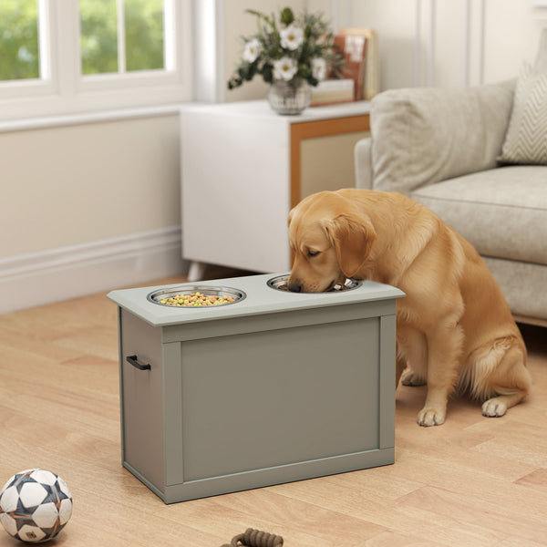 HKM-9023933 Gray Raised Pet Feeding Station with 2 Stainless Steel Bowls and Hidden Storage for Large Dogs
