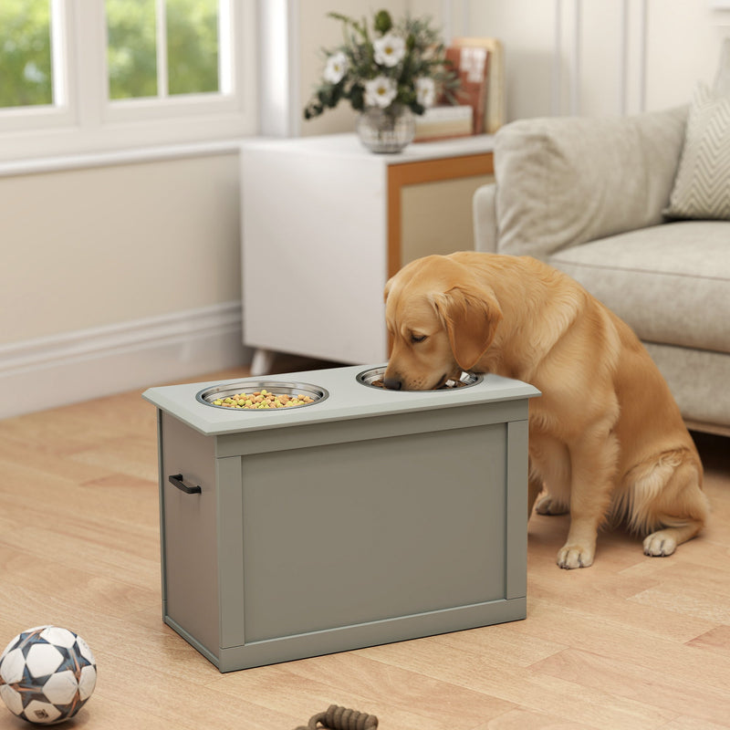 HKM-9023933 Gray Raised Pet Feeding Station with 2 Stainless Steel Bowls and Hidden Storage for Large Dogs