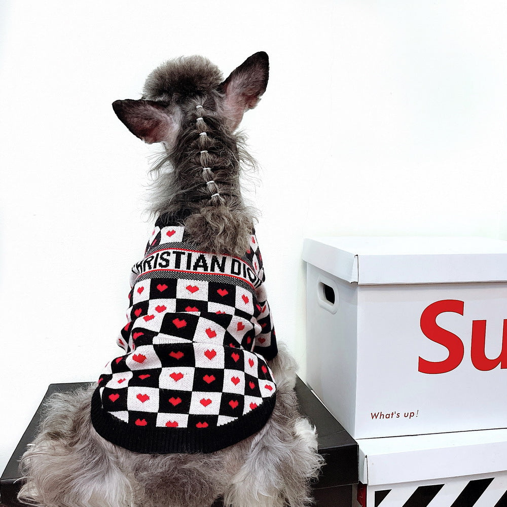 HKM-9025725 Casual Black and White Checkerboard Wool Sweater for Dogs, Multiple Sizes Available