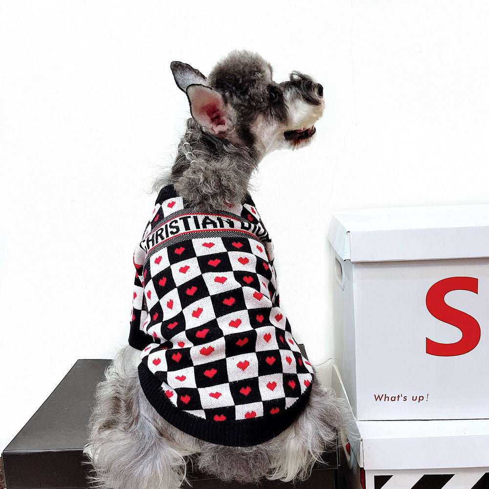 HKM-9025725 Casual Black and White Checkerboard Wool Sweater for Dogs, Multiple Sizes Available