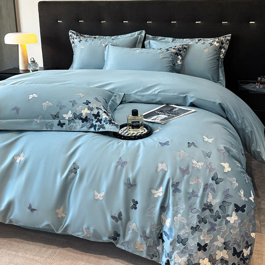 HKM-902803 Cotton Flower Embroidered Solid Color Four-Piece Quilt Set for 1.5m, 1.8m, and 2.0m Beds