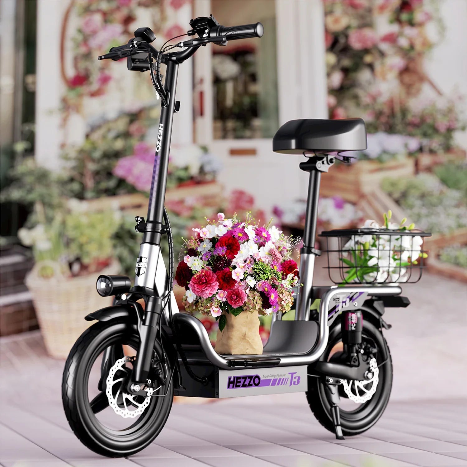 HKM-902995 Electric Scooter with Seat, 48V 500W Off-Road, 14-Inch Tires, 15Ah Battery, Foldable, Max Range 45KM, Lightweight and Waterproof