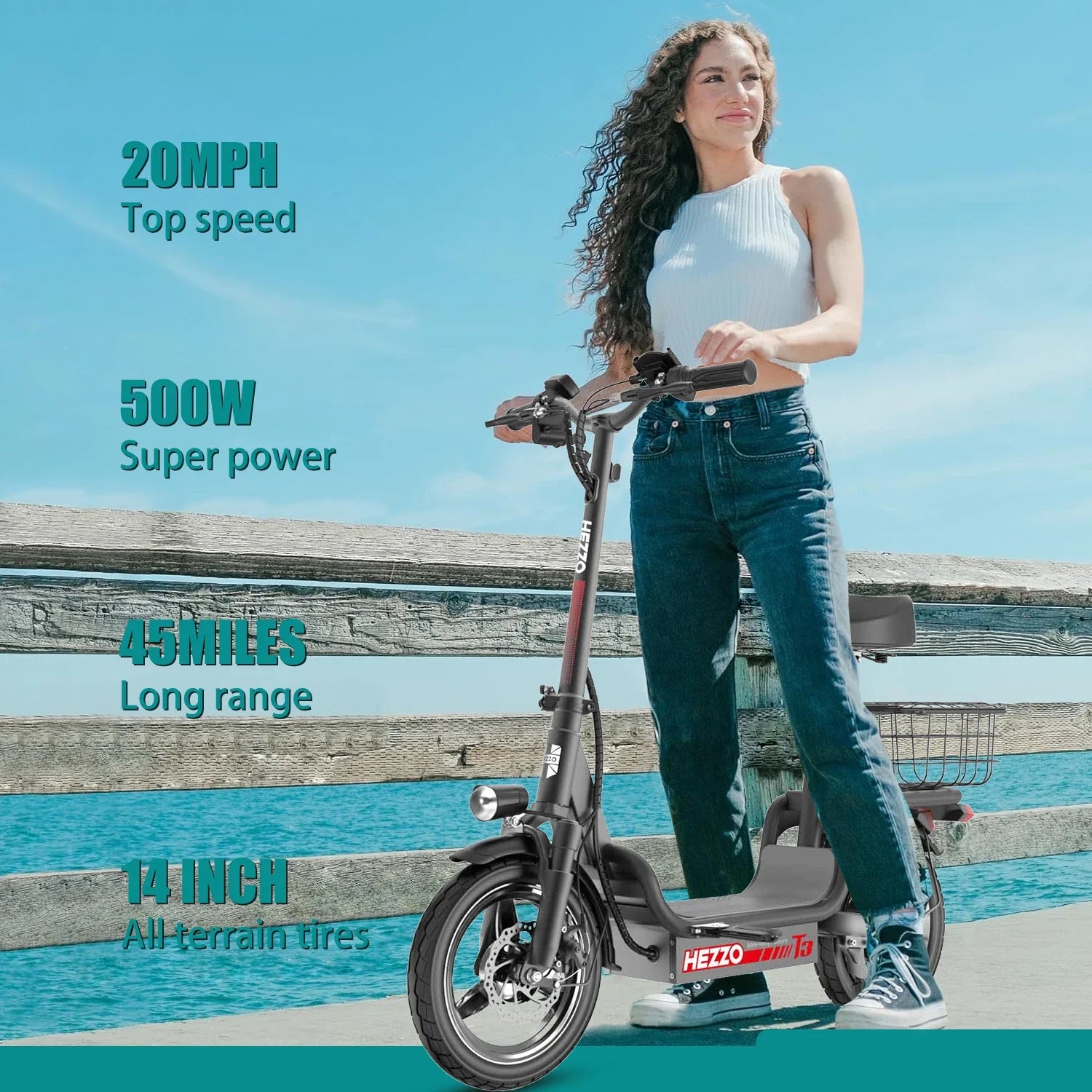 HKM-902995 Electric Scooter with Seat, 48V 500W Off-Road, 14-Inch Tires, 15Ah Battery, Foldable, Max Range 45KM, Lightweight and Waterproof