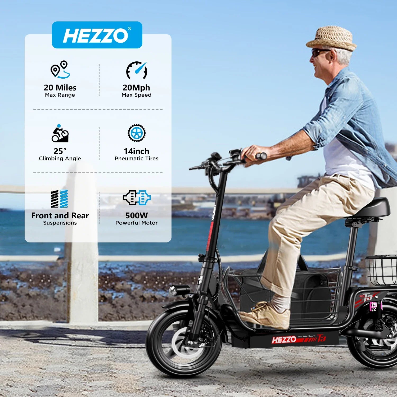 HKM-902995 Electric Scooter with Seat, 48V 500W Off-Road, 14-Inch Tires, 15Ah Battery, Foldable, Max Range 45KM, Lightweight and Waterproof