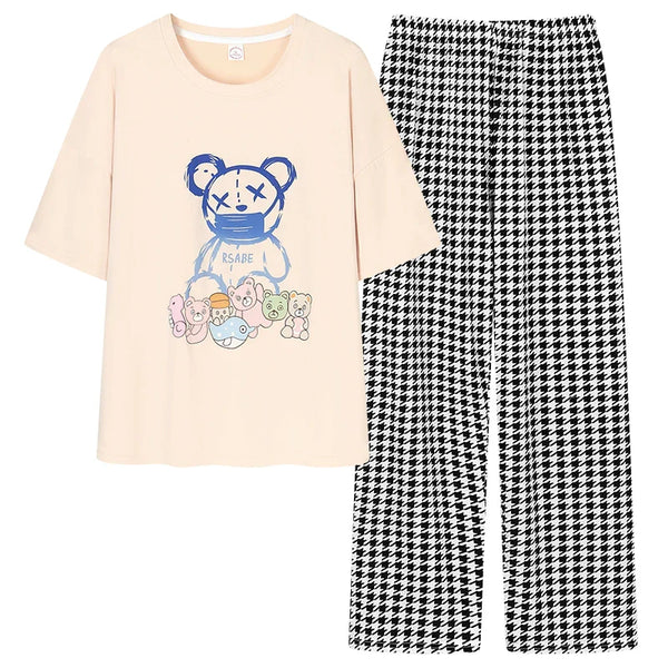 HKM-903187 Summer 2 Pieces Short-Sleeved Trousers Set Wearable Cartoon Print Round Neck Plus Size Home Pajamas Set