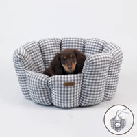 HKM-9032125 Cozy Gray Plaid Pet Bed for All Seasons - Cotton and PP Cotton Lining, Non-Slip Base