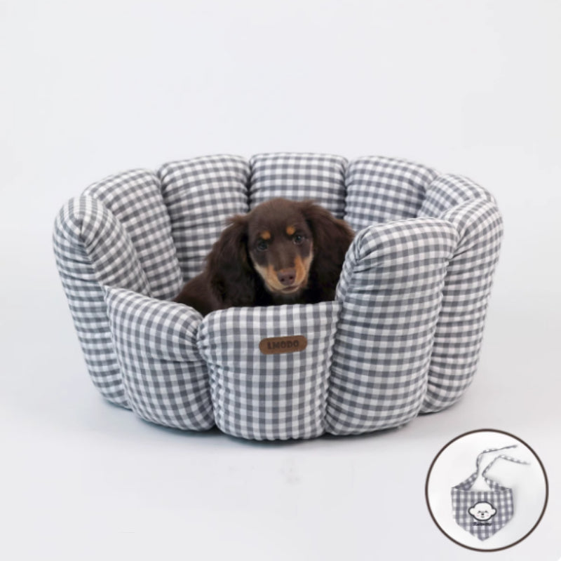 HKM-9032125 Cozy Gray Plaid Pet Bed for All Seasons - Cotton and PP Cotton Lining, Non-Slip Base