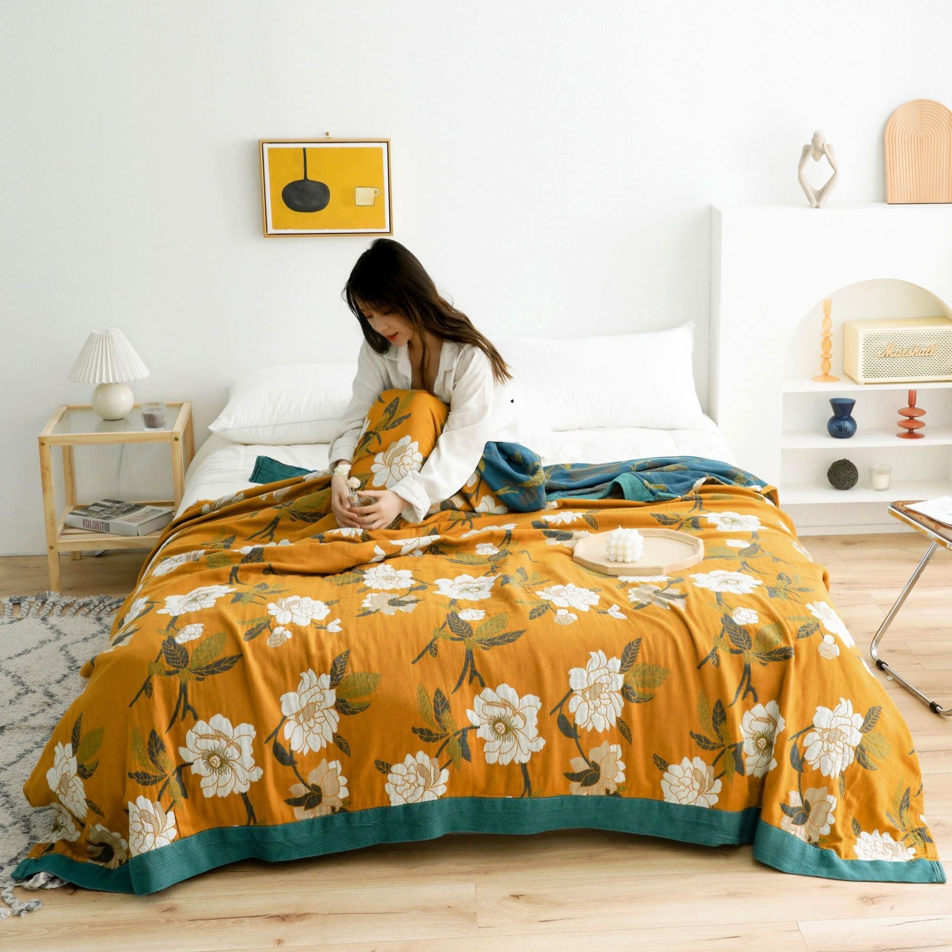 HKM-903635 Five-Layer Cotton Yarn Double Blanket - Soft Nap Quilt in Modern Saussurea Involucrata Design