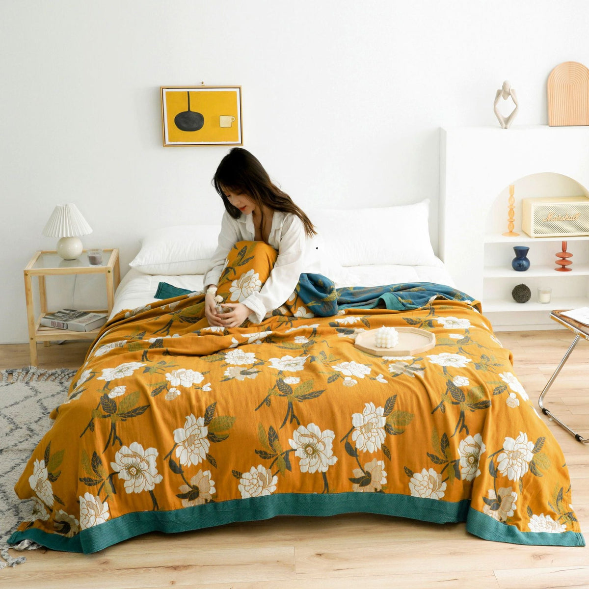 HKM-903635 Five-Layer Cotton Yarn Double Blanket - Soft Nap Quilt in Modern Saussurea Involucrata Design