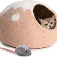 HKM-903635 Handcrafted Wool Cat Cave Bed - Cozy Felt Hideaway for Indoor Cats & Kittens, Grey, Medium Size