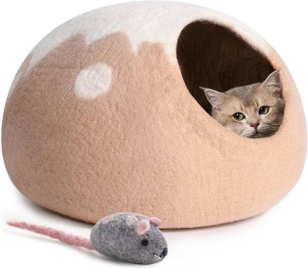 HKM-903635 Handcrafted Wool Cat Cave Bed - Cozy Felt Hideaway for Indoor Cats & Kittens, Grey, Medium Size