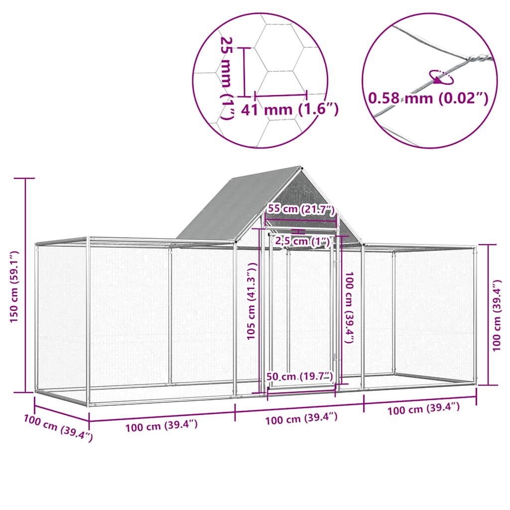 HKM-9040829 Spacious Silver Galvanized Steel Chicken Coop - 3x1x1.5 m with Lockable Door and Mesh Design