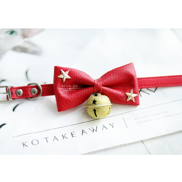 HKM-9041469 Leather Cat Bow Tie with Bell Options for Small and Medium Pets