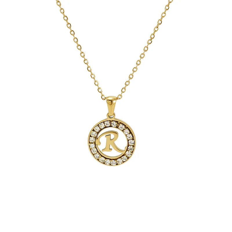 HKM-904339 Fashion 18k Gold Plated Chain Letter Shell Necklace Waterproof Stainless Steel Initial Pendant Necklace with Zircon Rhinestone