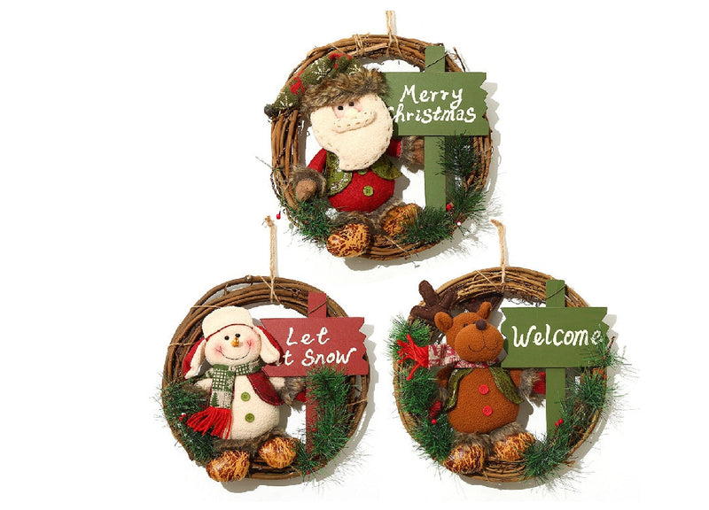 HKM-904403 Christmas Decoration Wreath with Plush Doll, Rattan Base, and Burlap Rope - 35 cmDiameter - Perfect for Holiday Home Decor