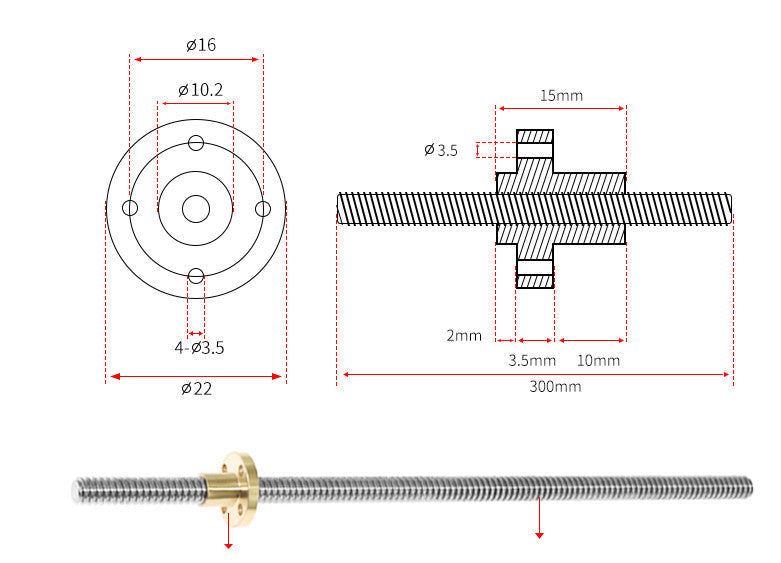 HKM-904467 T-shaped Trapezoid Screw Rod for 3D Printer Motor Drive, 2-200 mm Lead with Nut