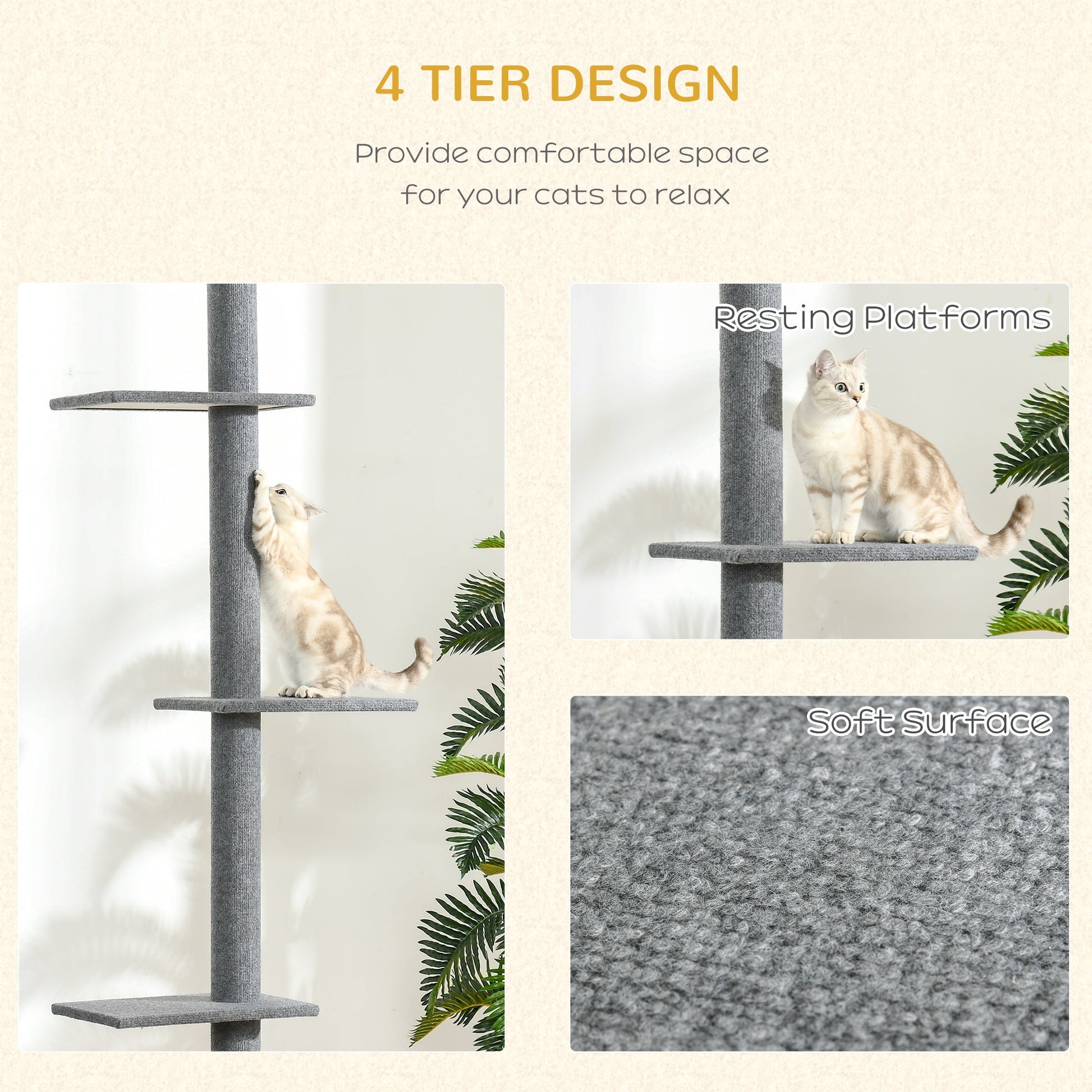HKM-9048253 Floor-to-Ceiling Cat Tree with Adjustable Height and Multiple Platforms, Scratching Posts Included