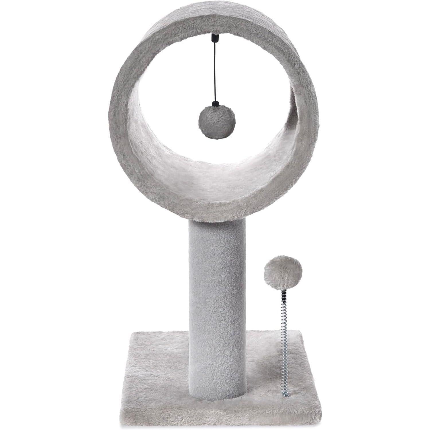 HKM-9050429 Gray Indoor Cat Tree with Tunnel Bed, Hanging Ball, and Scratching Post for Cats