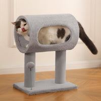 HKM-9050429 Gray Indoor Cat Tree with Tunnel Bed, Hanging Ball, and Scratching Post for Cats