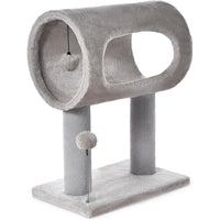 HKM-9050429 Gray Indoor Cat Tree with Tunnel Bed, Hanging Ball, and Scratching Post for Cats