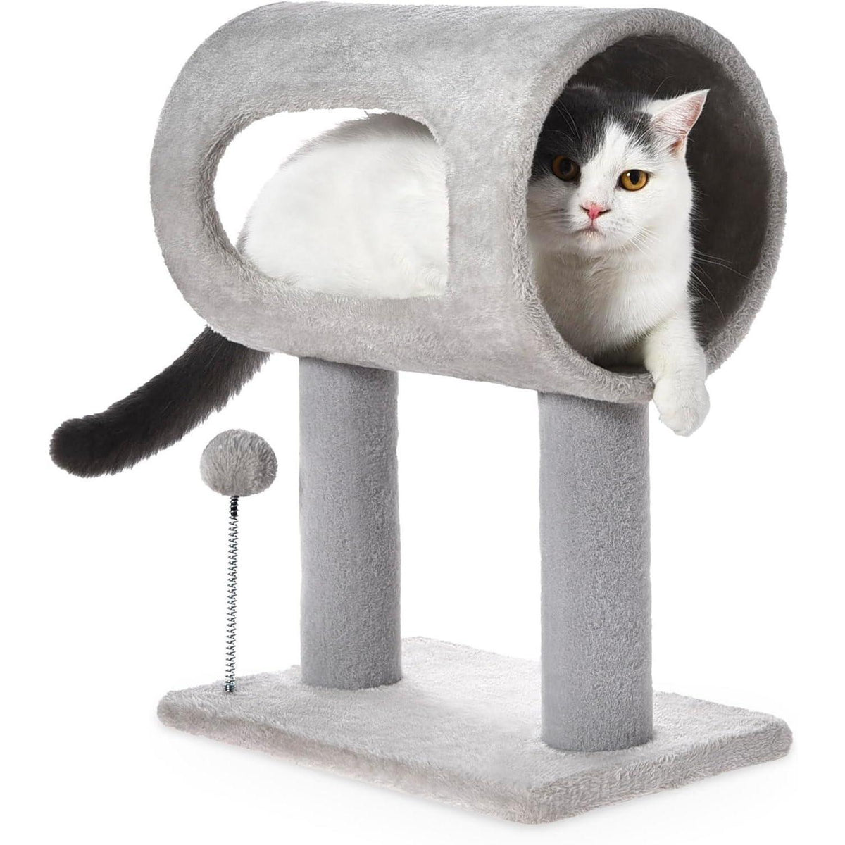 HKM-9050429 Gray Indoor Cat Tree with Tunnel Bed, Hanging Ball, and Scratching Post for Cats