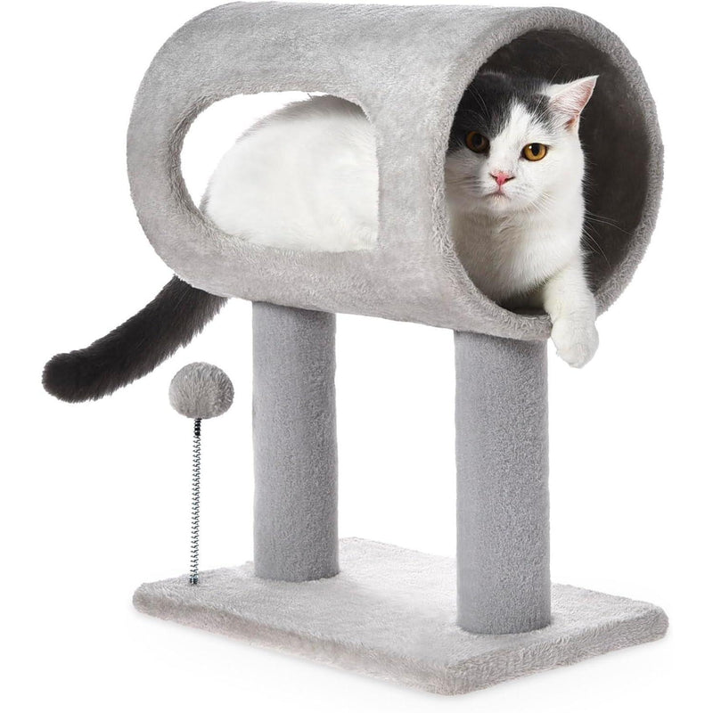 HKM-9050429 Gray Indoor Cat Tree with Tunnel Bed, Hanging Ball, and Scratching Post for Cats