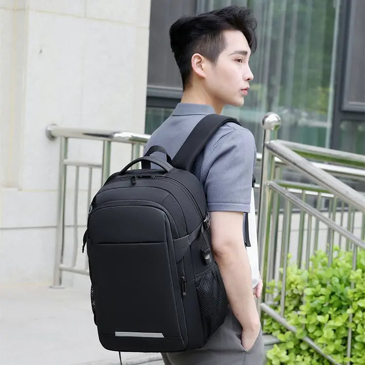 HKM-905171 Waterproof Black Laptop Backpack with USB Charging Port for School and Travel