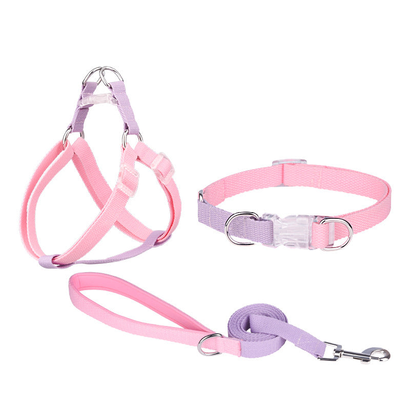 HKM-9054525 Three-Piece Set Polyester Ribbon Dog Collar with Leash and Chest Strap - Adjustable Sizes