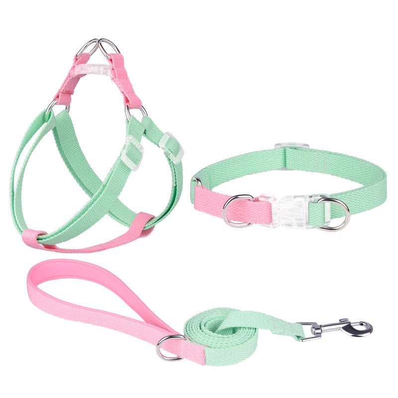 HKM-9054525 Three-Piece Set Polyester Ribbon Dog Collar with Leash and Chest Strap - Adjustable Sizes