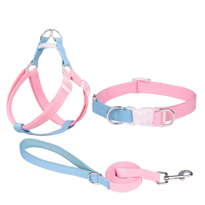 HKM-9054525 Three-Piece Set Polyester Ribbon Dog Collar with Leash and Chest Strap - Adjustable Sizes