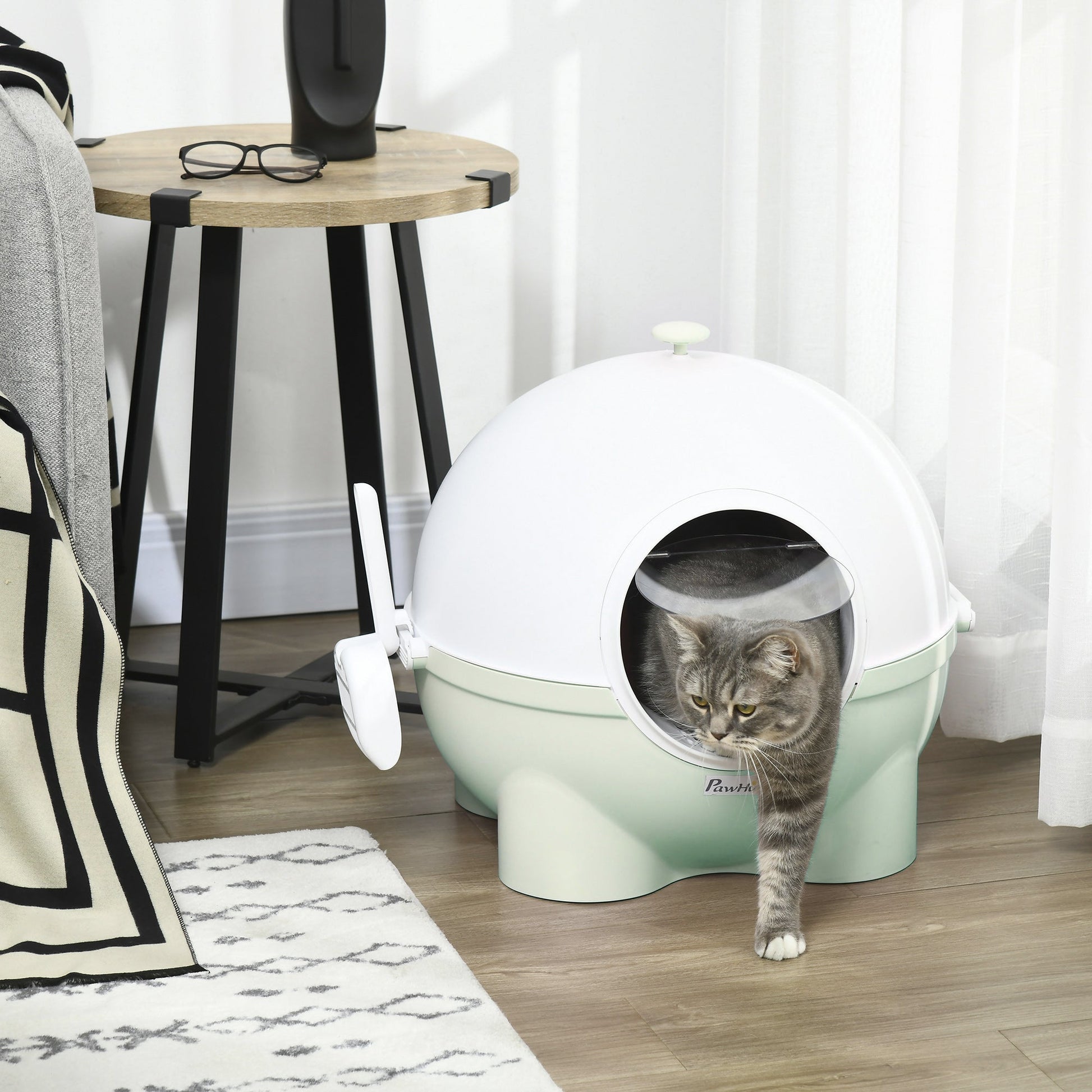 HKM-9056189 Large Hooded Cat Litter Box with Lid, Scoop, Leaking Sand Pedal, Top Handle - Light Green