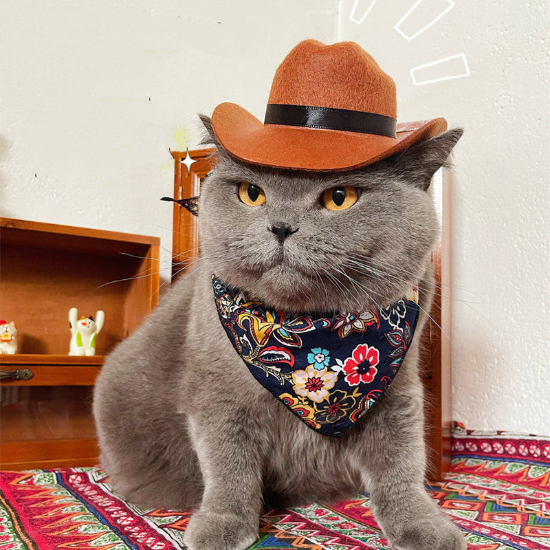 HKM-9058109 Brown Cowboy Hat with Triangle Scarf for Pets - Various Sizes Available