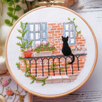 HKM-905939 Cat Landscape Embroidery Kit with Frame and Tools - Modern Cotton and Linen Design 28x28cm