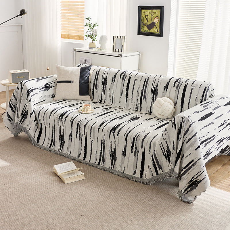 HKM-906003 Chenille Striped All-Season Sofa Cover - Universal Fit, Black and White