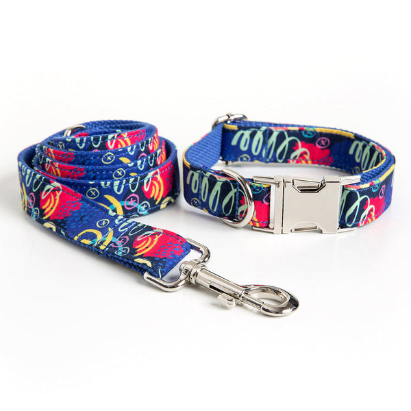 HKM-9066045 Graffiti Print Pet Collar and Leash Set in Blue for All Pets