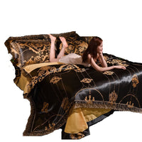 HKM-906643 Golden Jacquard Bedding Set with Lace Flat Sheet and Pillowcases - 4pcs Romantic Style