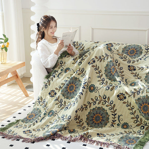 HKM-906899 Double-Sided Pure Cotton Gauze Towel Blanket with Plant and Flower Pattern, Available in Two Sizes
