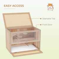 HKM-9069885 2-Tier Hamster Habitat with Openable Top, Front Door, Shelf, and Ladder - Stable Fir Wood Frame in Natural Finish