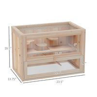 HKM-9069885 2-Tier Hamster Habitat with Openable Top, Front Door, Shelf, and Ladder - Stable Fir Wood Frame in Natural Finish
