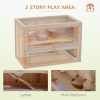 HKM-9069885 2-Tier Hamster Habitat with Openable Top, Front Door, Shelf, and Ladder - Stable Fir Wood Frame in Natural Finish