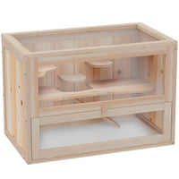 HKM-9069885 2-Tier Hamster Habitat with Openable Top, Front Door, Shelf, and Ladder - Stable Fir Wood Frame in Natural Finish