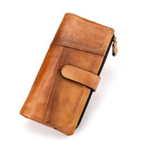 HKM-907155 Retro Genuine Leather Stitched Multi-Card Zipper Wallet in Brown/Yellow/Red