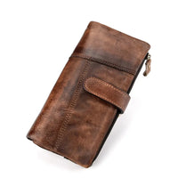 HKM-907155 Retro Genuine Leather Stitched Multi-Card Zipper Wallet in Brown/Yellow/Red