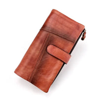 HKM-907155 Retro Genuine Leather Stitched Multi-Card Zipper Wallet in Brown/Yellow/Red