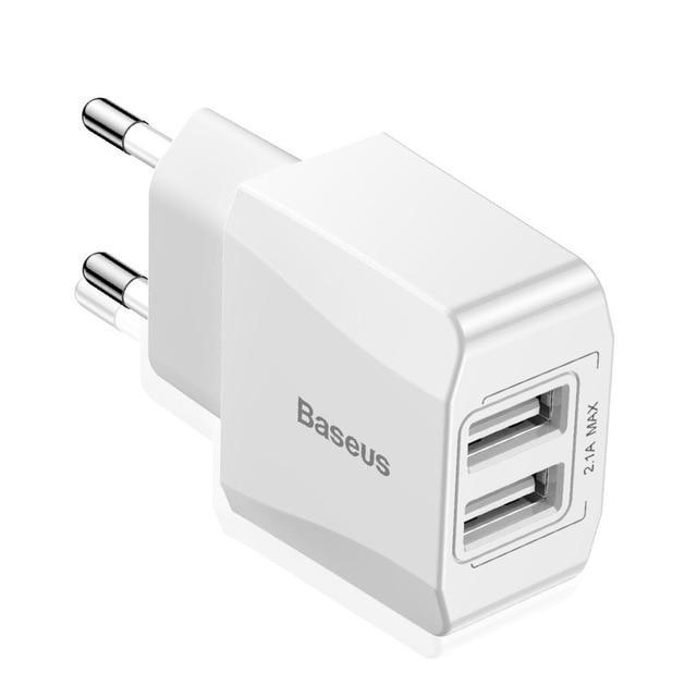 HKM-907155 Universal Dual USB Wall Charger for Mobile Devices, EU Plug, 2100mA Output, Compatible with iPhone Models